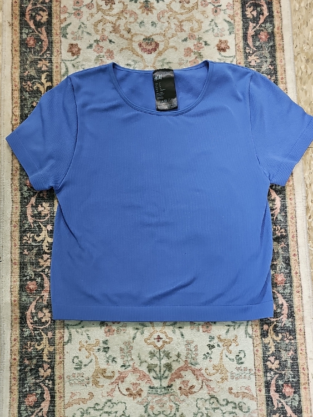 H&M Blue Cropped Short Sleeve Ribbed Top. Hugs Body